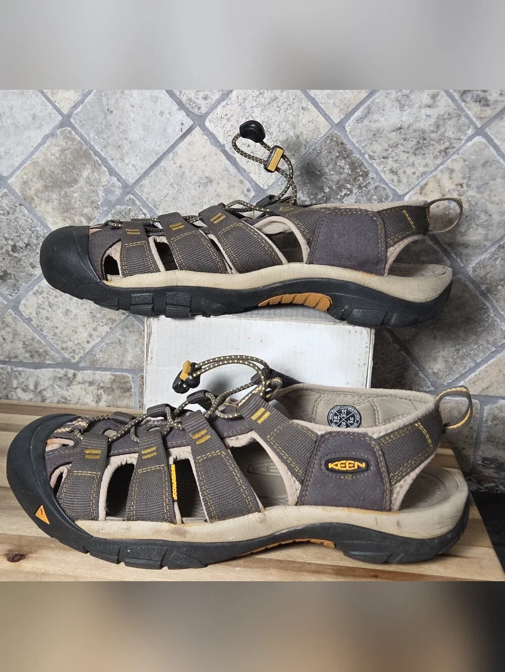 Mens Keen Brown and Yellow Closed-Toe Outdoor Water Park Hiking Sandals Size 11